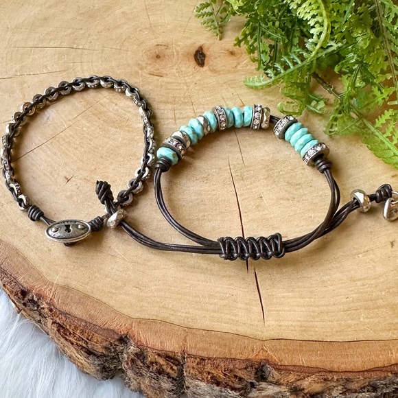 Fossil Brown Leather Cord Bracelets Turquoise Bead Nuts Silver Rhinestone Set - Picture 3 of 3